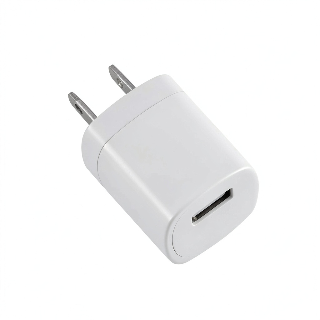 Portable USB wall charger plugged into a wall outlet with multiple devices connected