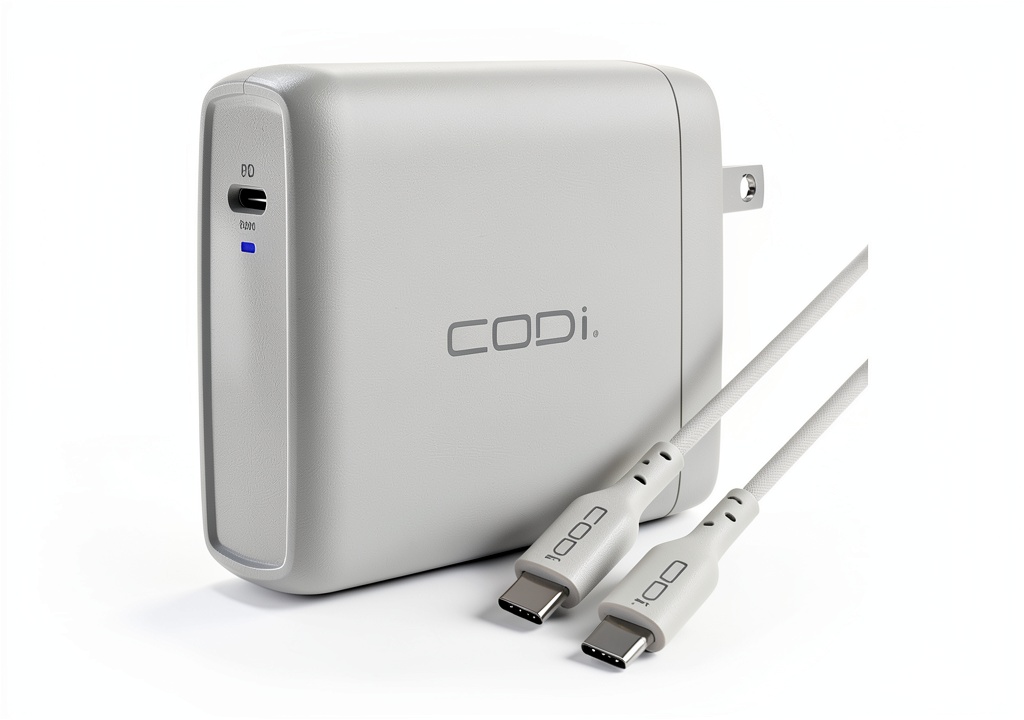 CODi 100W USB-C Wall Charger with EPR Braided Cable powering a MacBook Pro on a desk