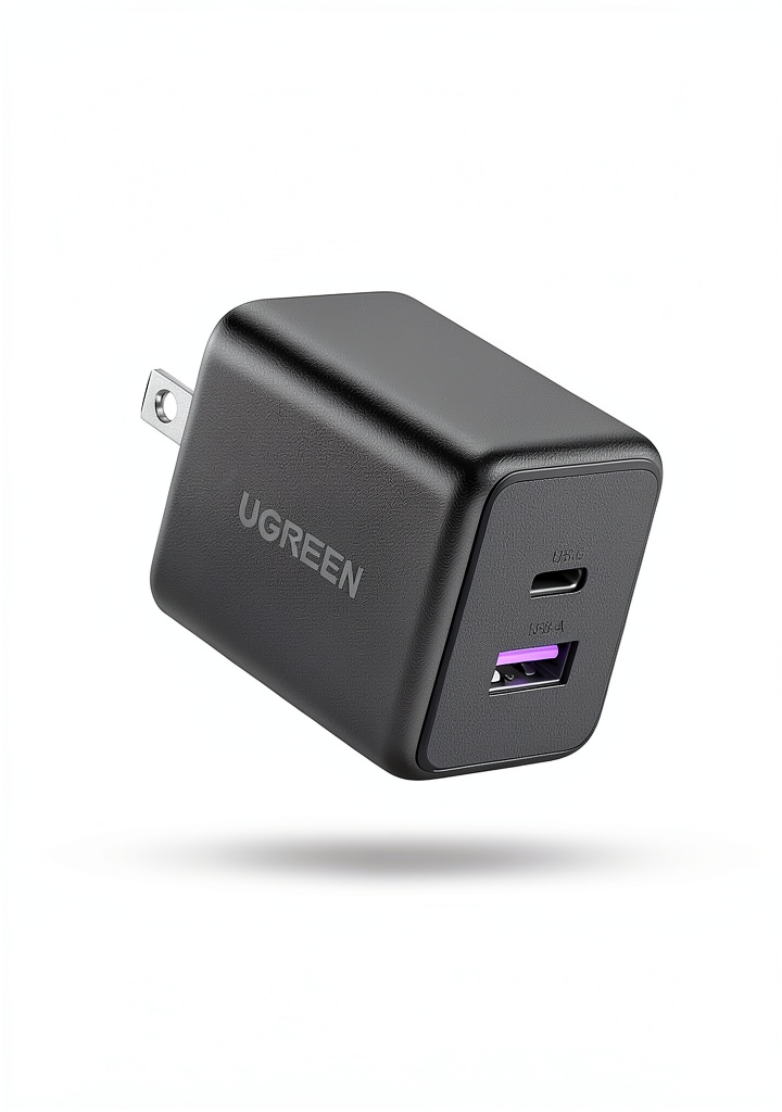 GaN 30W dual-port charger shown next to smartphone and tablet