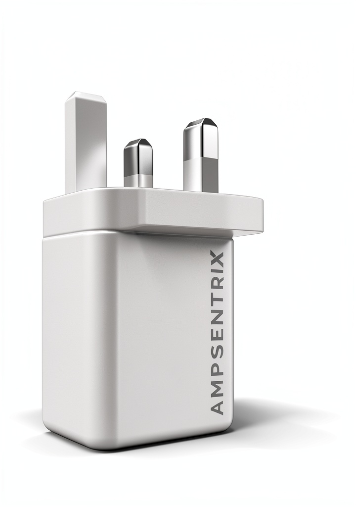 AmpSentrix 20W USB-C Power Adapter showing dual ports and compact design