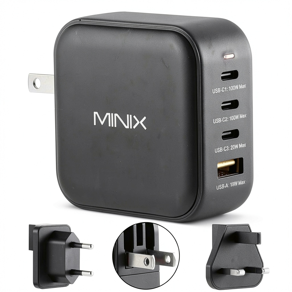 MINIX NEO P3 GaN charger with multiple ports and adapters displayed on a desk