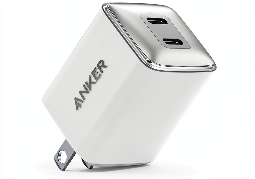 Anker 40W Fast Wall Charger USB C PD Compact Universal on a wooden desk charging a MacBook Air