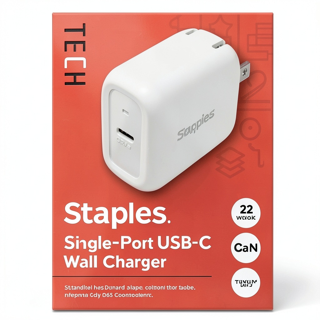 Installing Staples USB C Wall Charger 25W GaN Fast Charging on a wooden desk