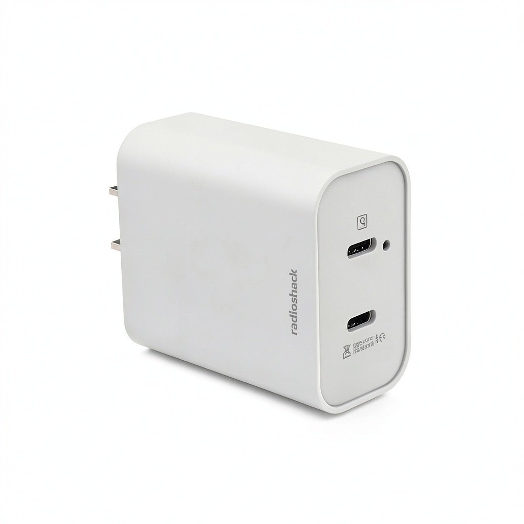 Dual USB-C charger in use on a desk with multiple devices