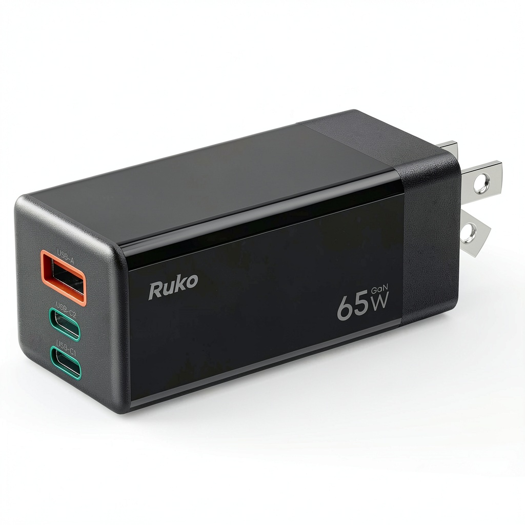 Ruko 65W charger showing compact size and foldable plug design