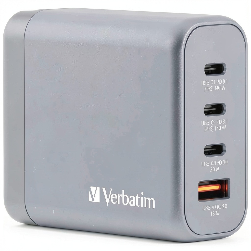 Verbatim 140W GaN Wall Charger displayed on a desk