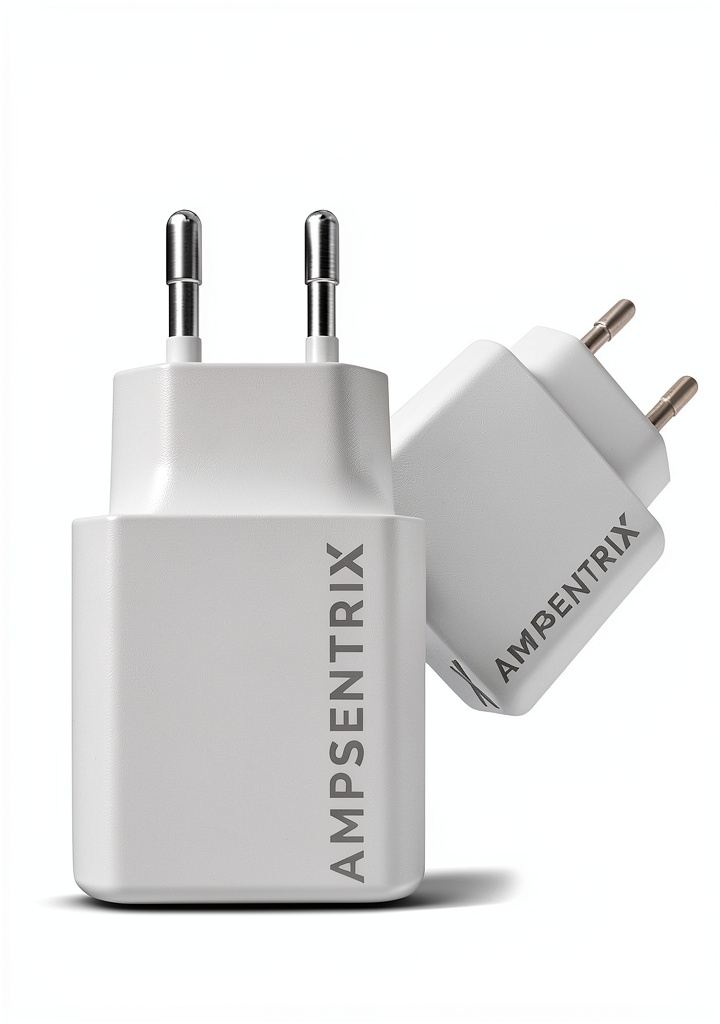 Ampsentrix 20W dual port wall adapter connected to a smartphone and tablet