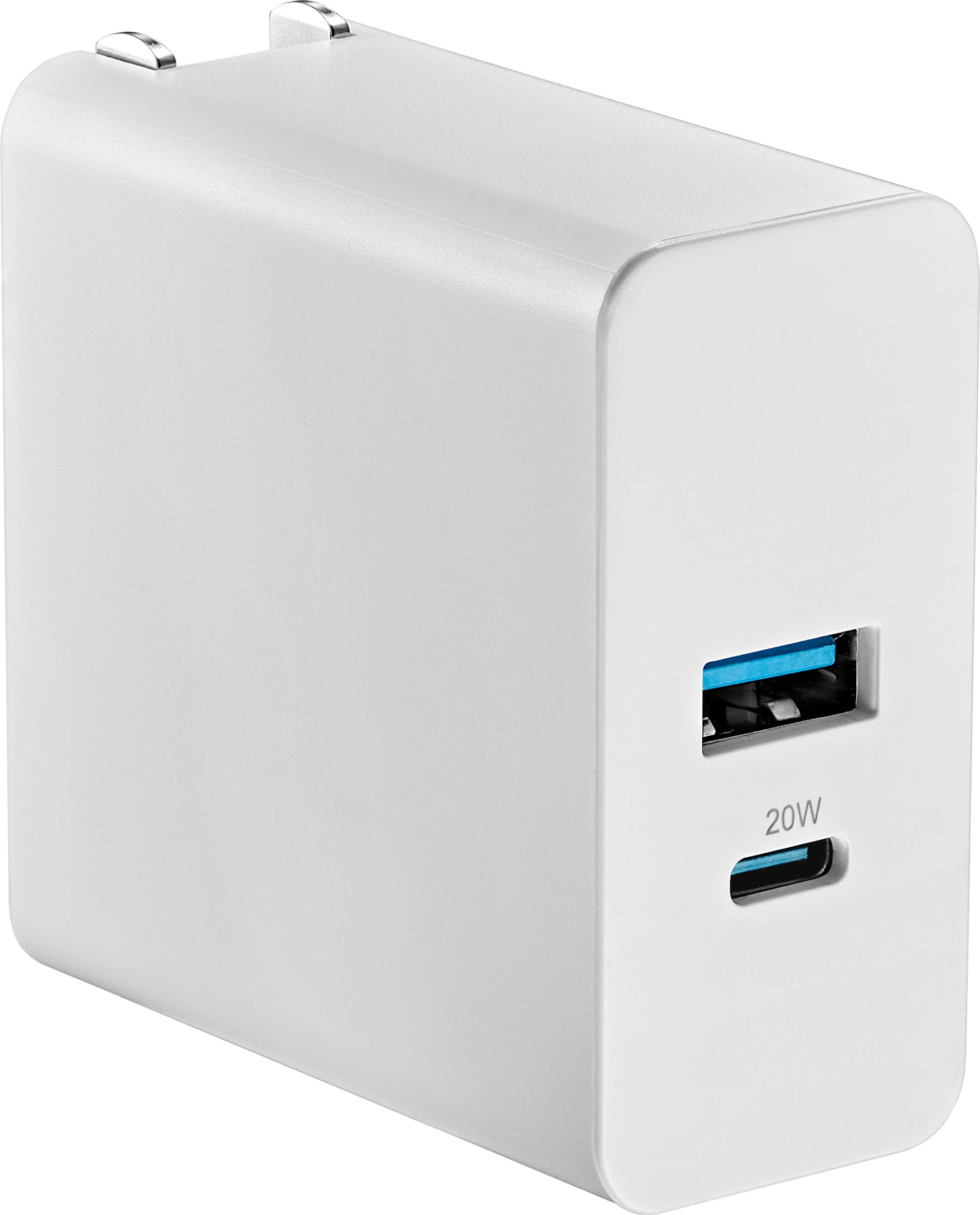 Insignia 32W Dual Port Wall Charger showing compact size and foldable plug