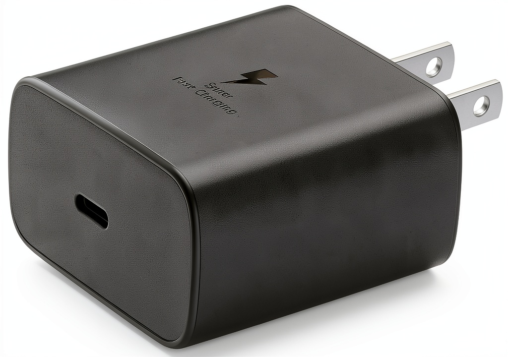Samsung 45W charger connected to a Galaxy Note10+ on a table