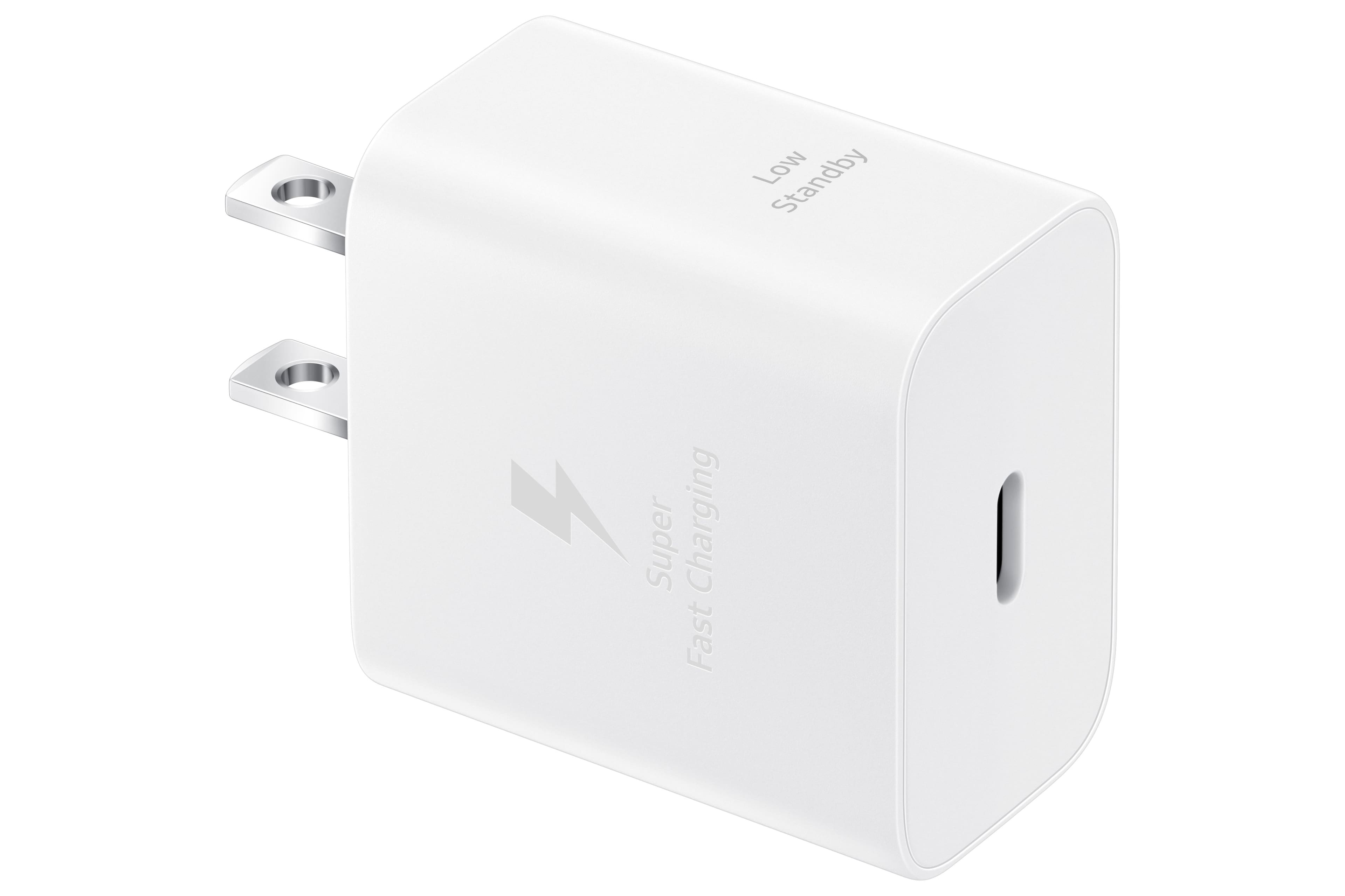 Samsung 25W Power Adapter shown next to a smartphone and laptop