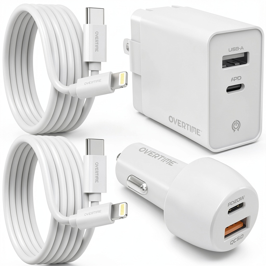Overtime Apple Fast Charger Kit with wall charger, car charger, and cables displayed on a table