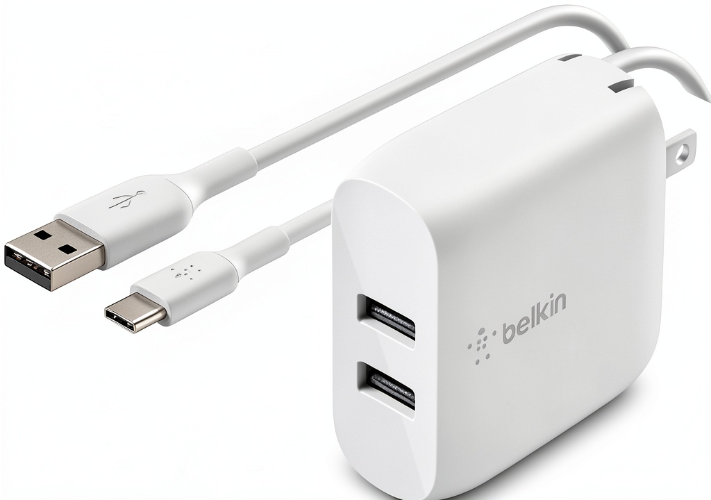 Installing Belkin 24W Dual USB Wall Charger Fast Charging Two Devices on a wooden desk