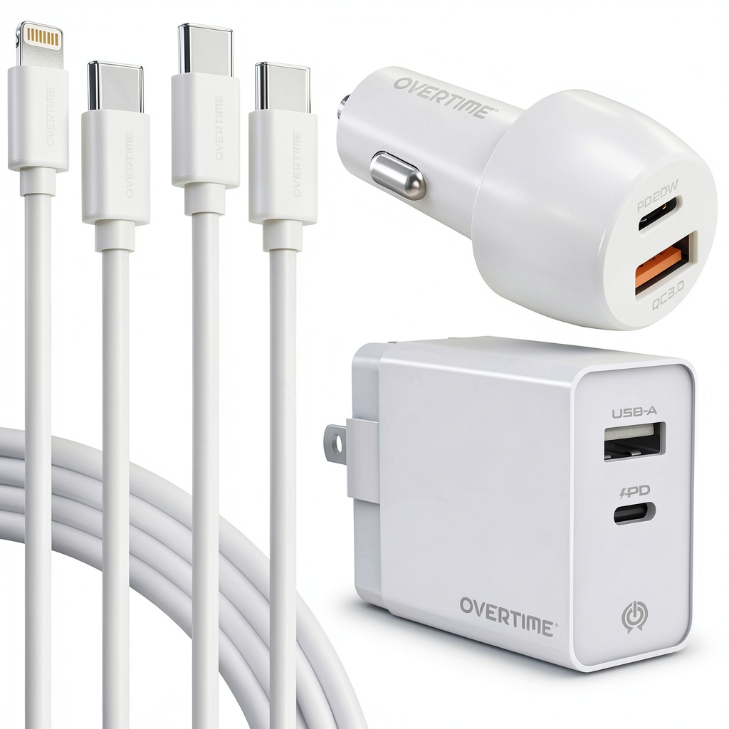 Overtime iPhone Fast Charger Kit components displayed on a table