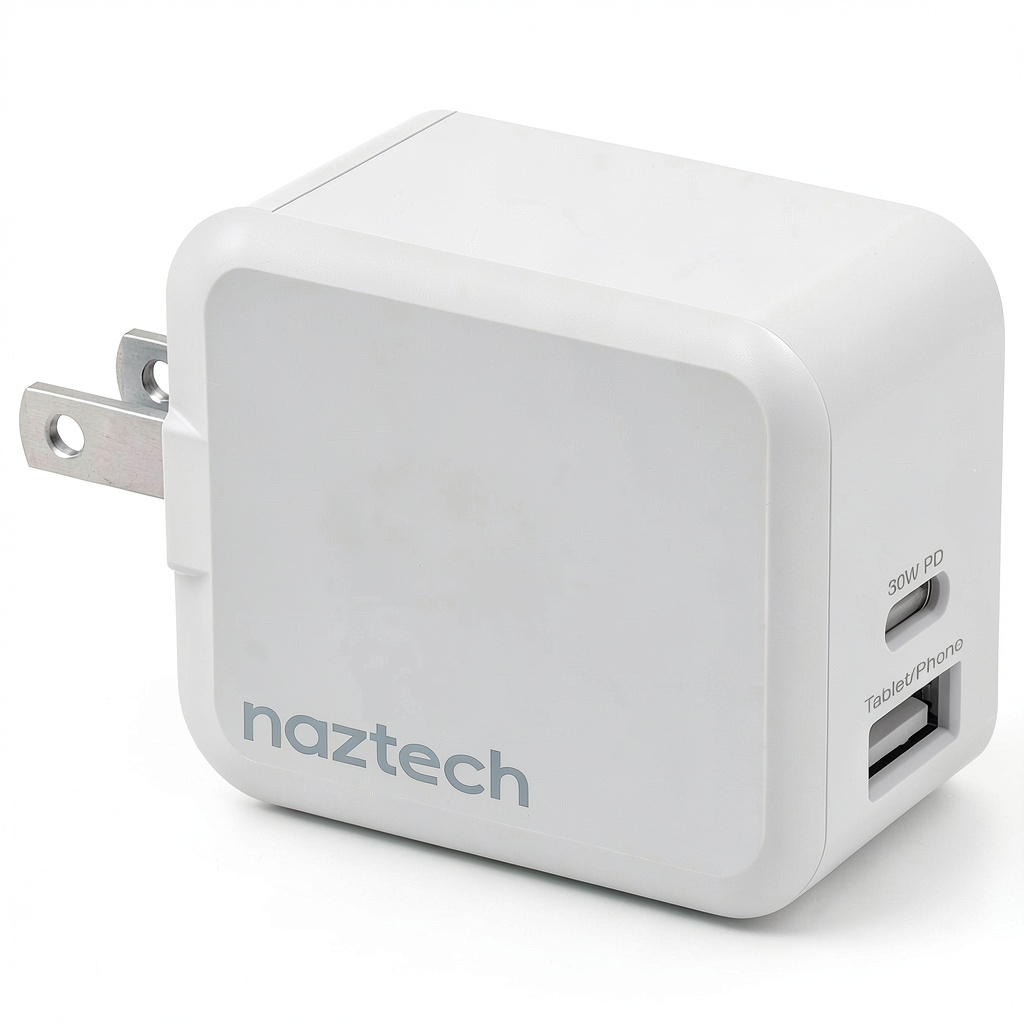 Installing Naztech 30W USB‑C PD Fast Wall Charger Dual Output on a wooden desk
