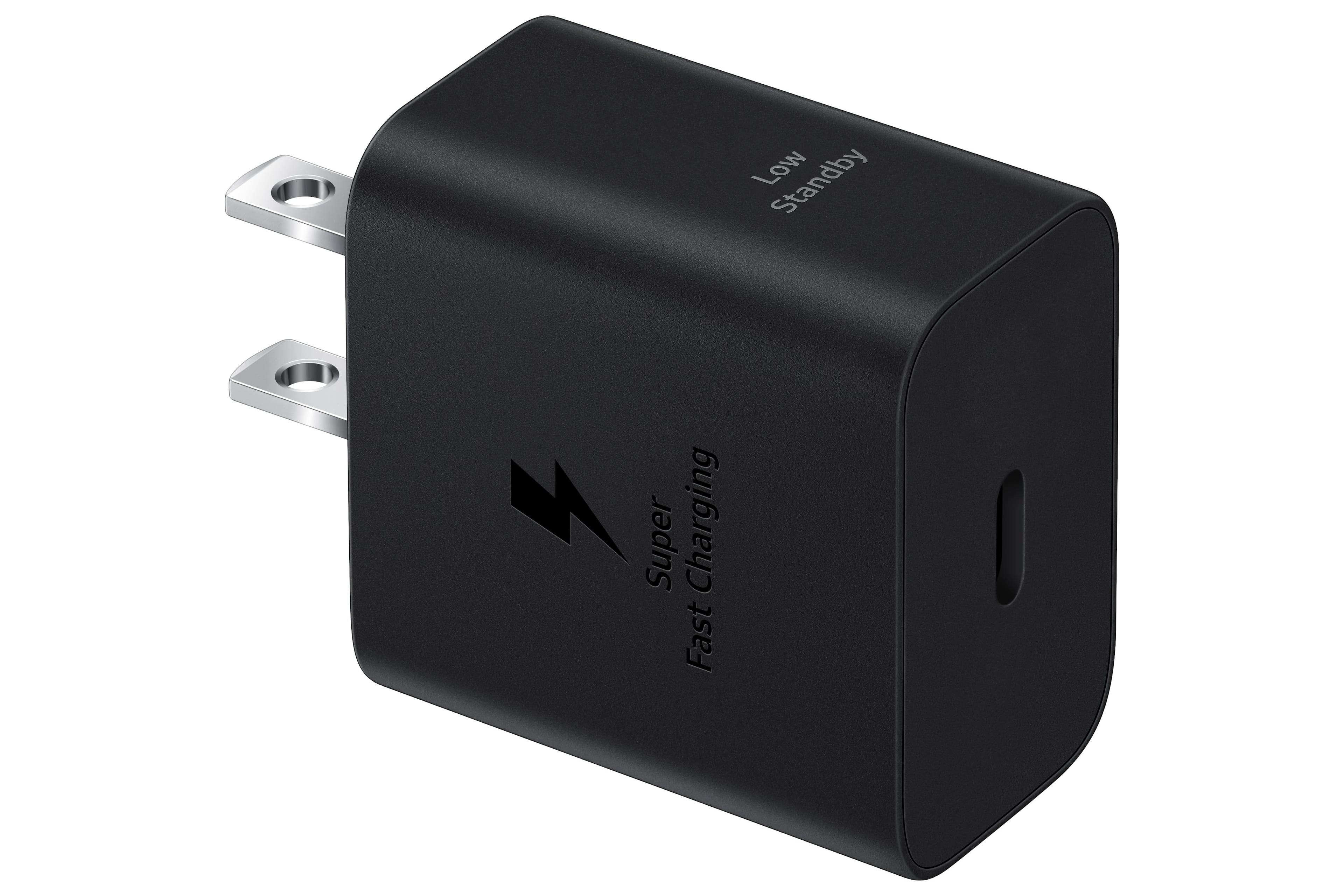 Samsung 25W USB‑C charger on a travel bag with a Galaxy phone