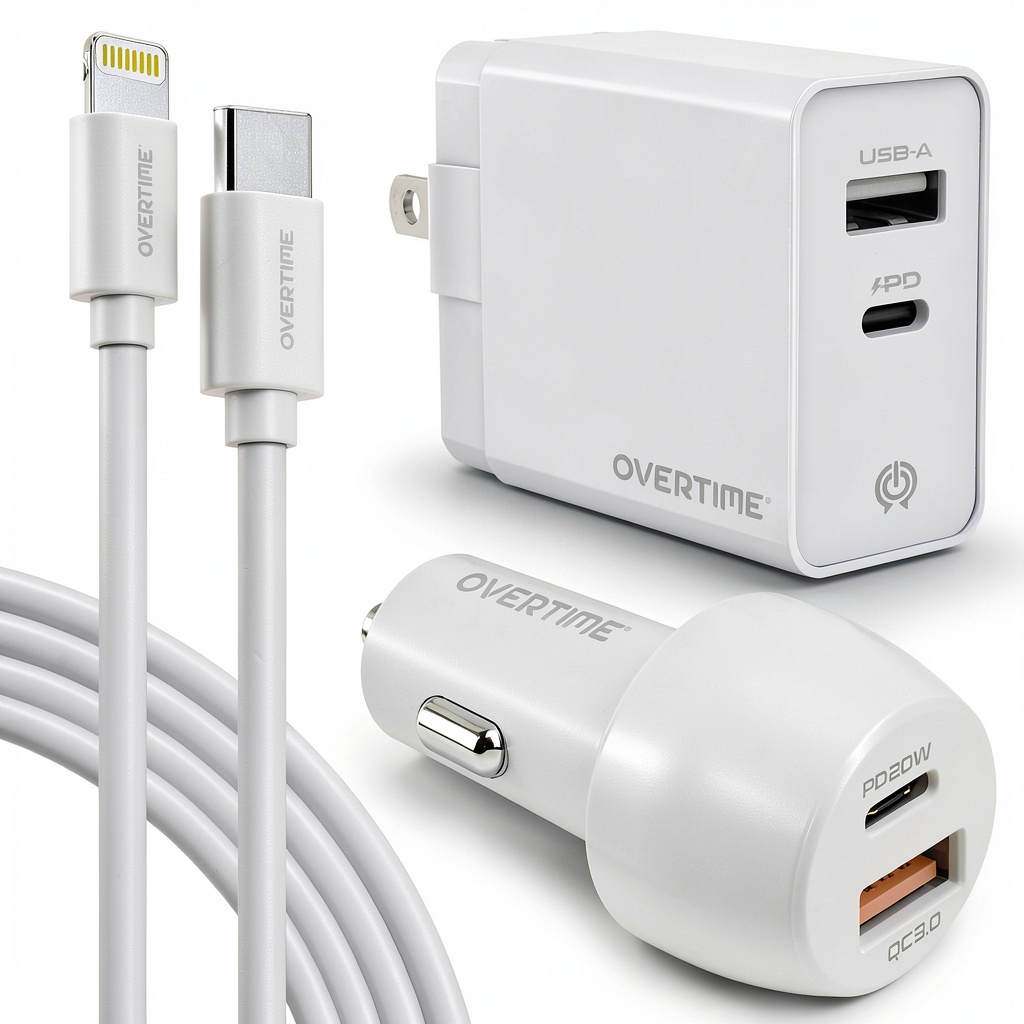 Overtime 3-Piece iPad Fast Charger Kit components laid out on a wooden desk