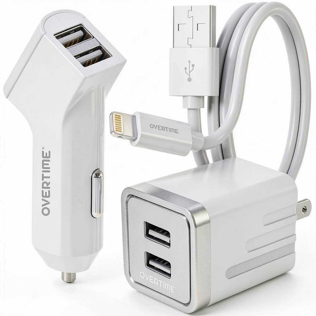 Apple MFi Charger Kit displayed with wall charger, car charger, and Lightning cable on a table