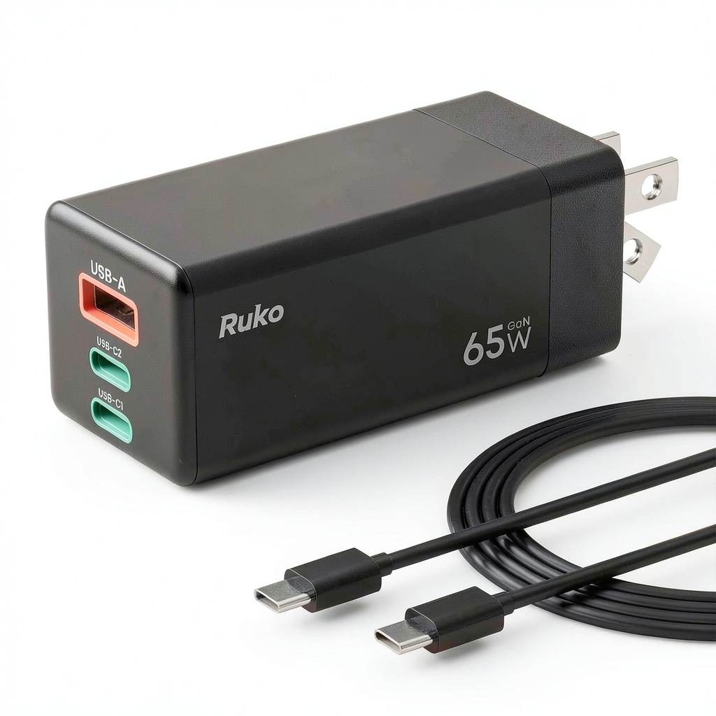Ruko PD65W USB‑C charger folded and placed on a wooden desk with devices plugged in